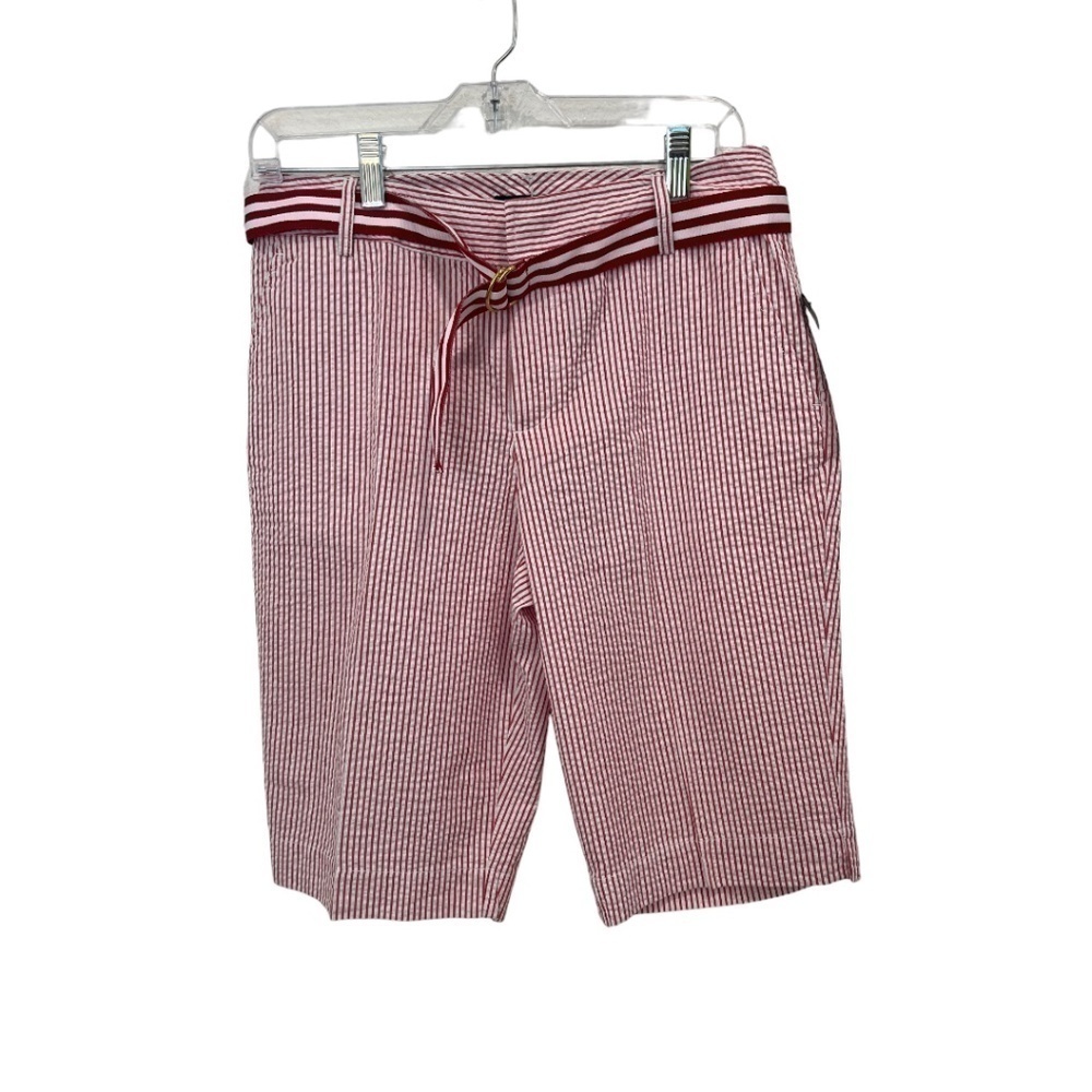 CHAPS Red & White Seersucker Bermuda Shorts with Belt Front Zip Size 4 NWT